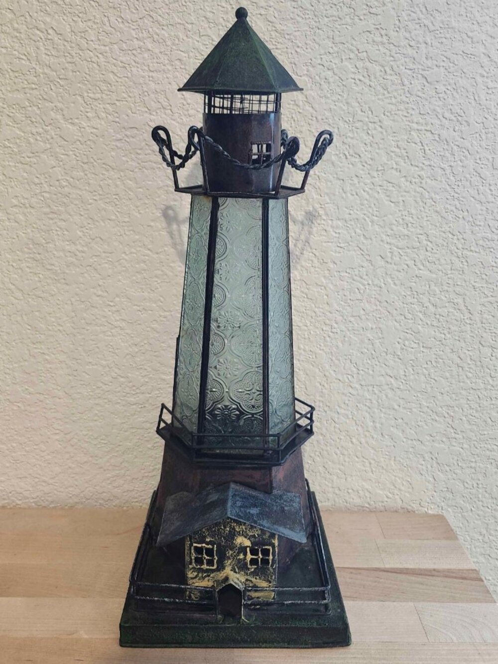 Large 16" Nautical Lighthouse Lantern Embossed Glass Coastal Decor